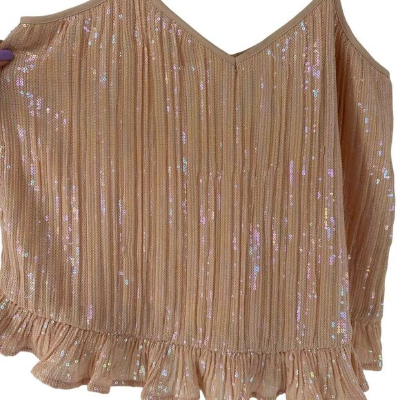 Anthropologie Top Sequin Ruffle Iridescent Blush Peachy Pink Size 6 Small Fun - Picture 3 of 8